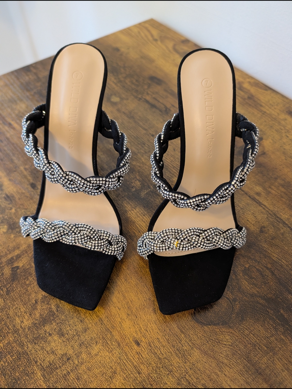 Black Braided Crystal Strap Heeled Sandals